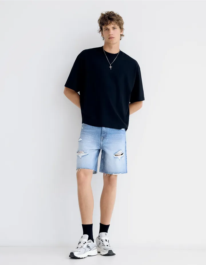 Bershka Bermuda Denim Rotos Hombre 32 Azul Lavado