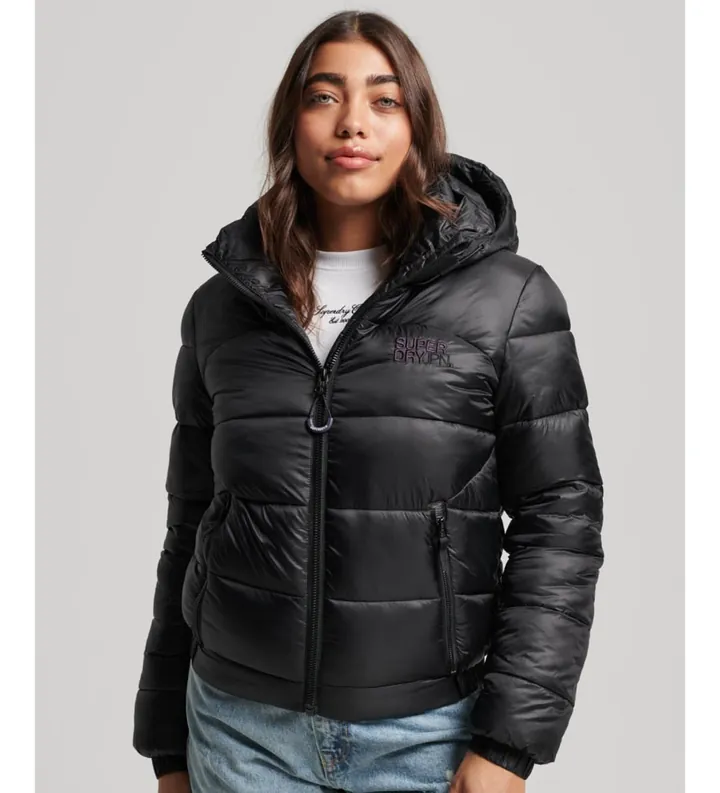 Superdry para mujer. W5011590A Cazadora bómber acolchada Sports negro (L), Casual, Sostenible, Nylon reciclado