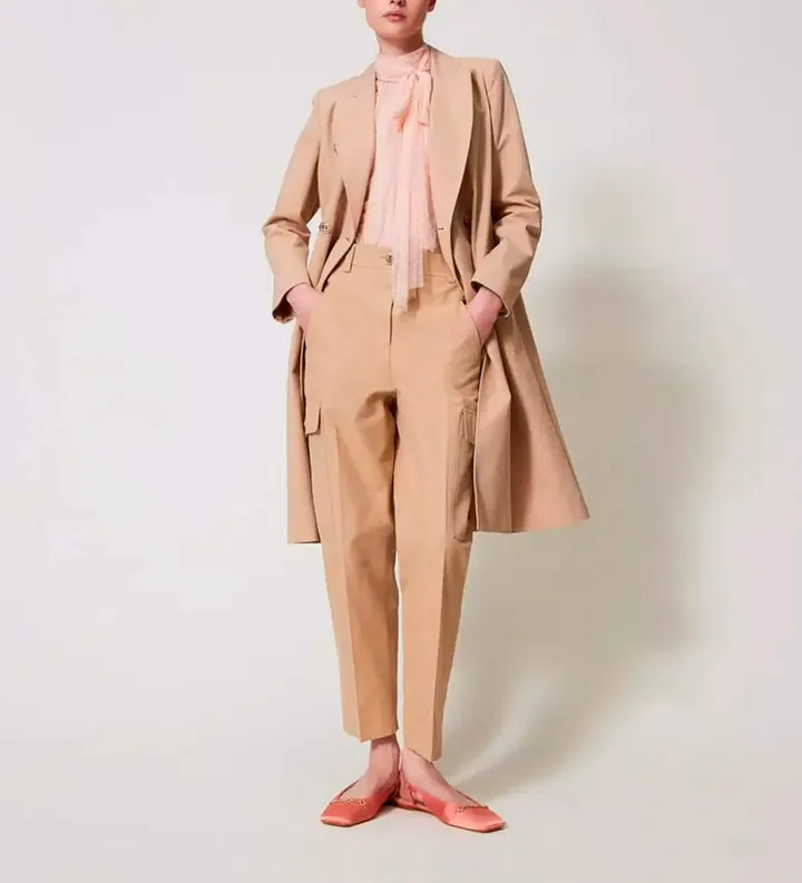 Twinset para mujer. 251TP2212 Pantalón cargo de gabardina de mezcla de algodón beige (40), Marrón, Casual