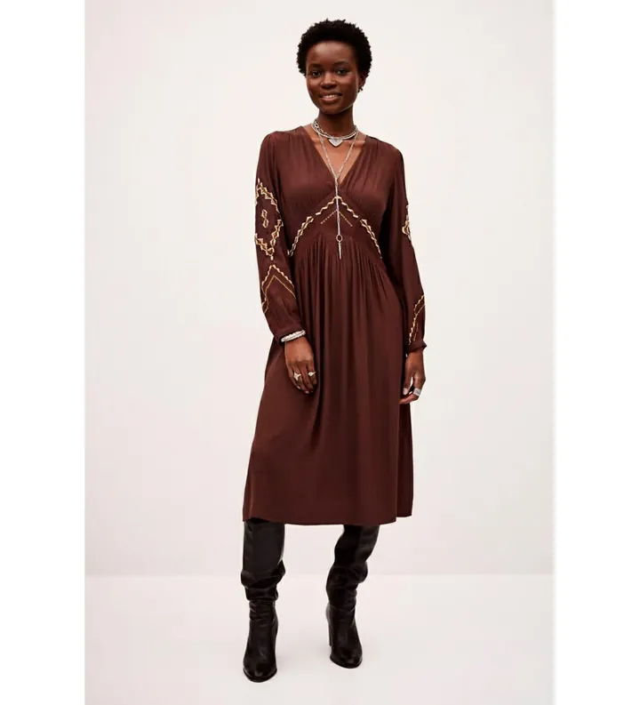BA&SH para mujer. 1H25TANY Vestido Midi Tany marrón (34), Casual, Viscosa, Manga larga