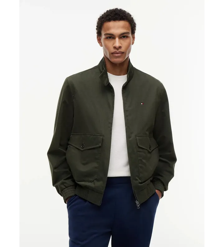 Tommy Hilfiger para hombre. MW0MW42507 Cazadora Harrington con cremallera y logo verde (L), Casual, Algodón