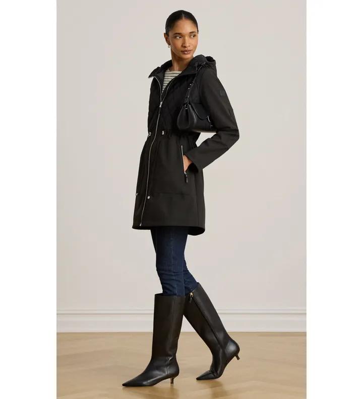 Lauren Ralph Lauren para mujer. 297P18056001 Abrigo acolchado de mujer de rombos con capucha negro (L), Casual, Poliéster