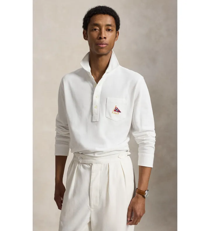 Polo Ralph Lauren para hombre. 710B19226002 Polo de piqué bordado Classic Fit blanco (L), Casual, Algodón, Manga larga