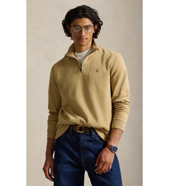 Polo Ralph Lauren para hombre. 710P07411502 Jersey Estate-Rib con cremallera corta beige (S), Casual, Algodón, Manga larga
