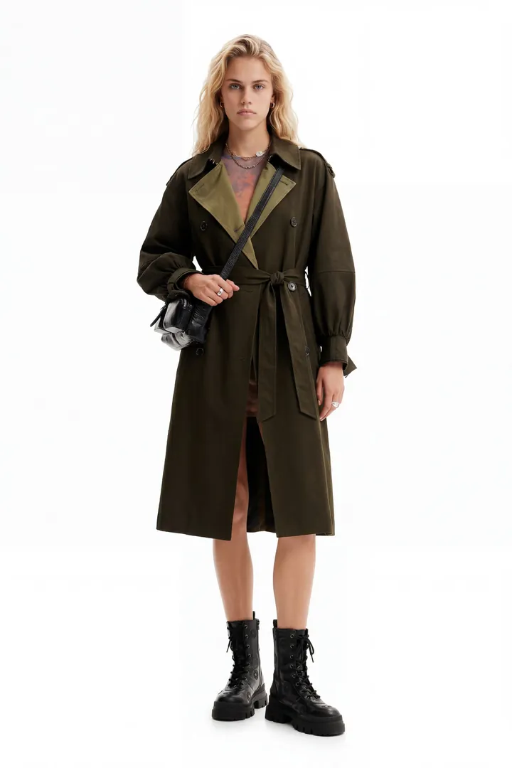 Desigual, Gabardina oversize cinturón, Algodon, Verde, L