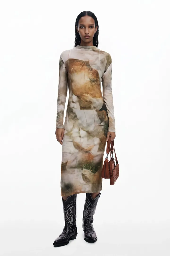 Desigual, Vestido cuello chimenea, Algodon, MarróN, L