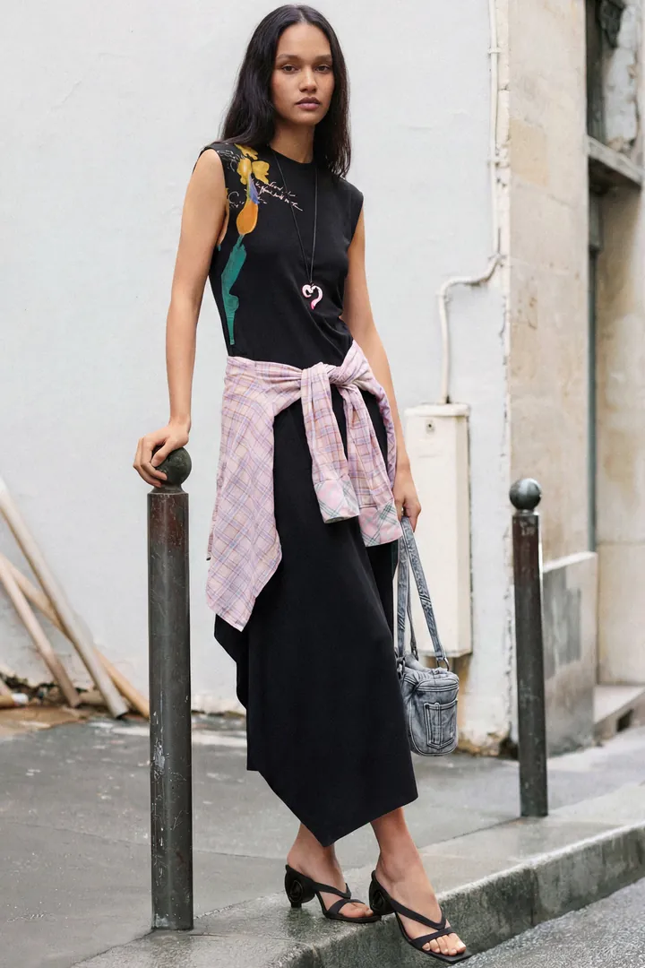 Desigual, Vestido asimétrico flores, Mujer, Algodon, Negro, L