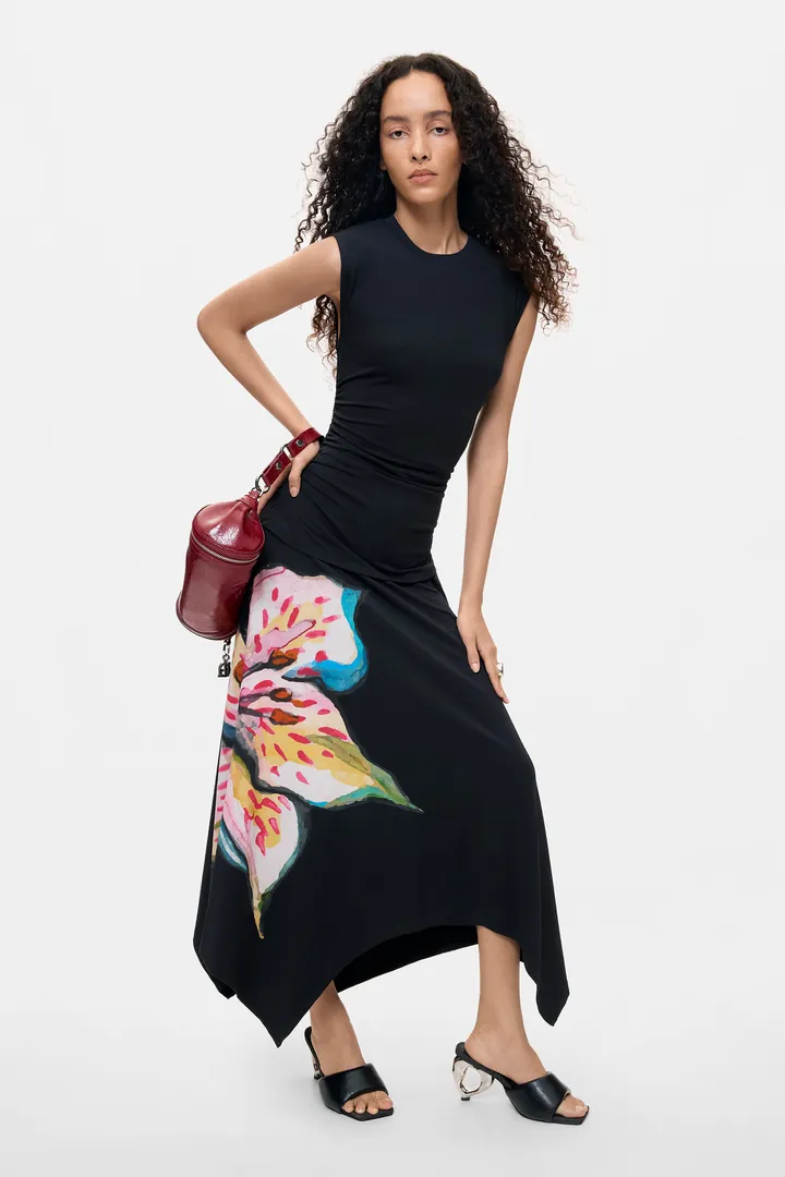 Desigual, Vestido Flores Asimétrico, Mujer, Algodon, Negro, L