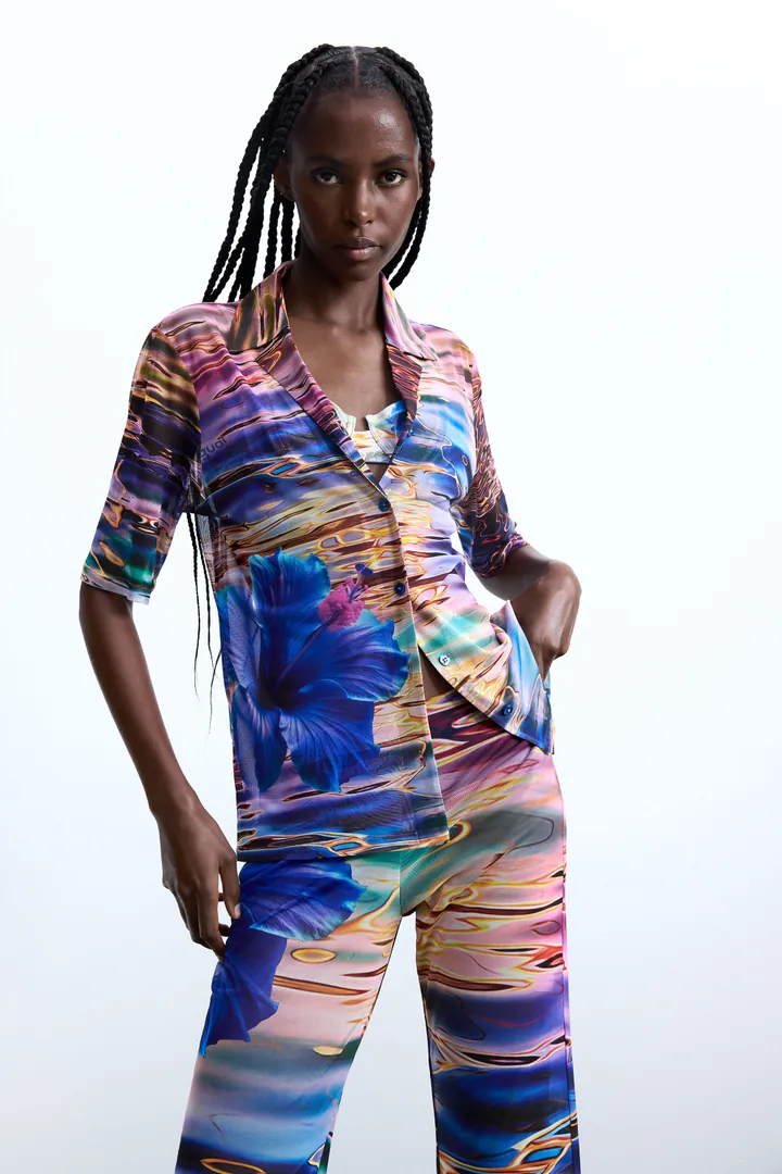 Desigual, Camisa flor aguas, Mujer, Poliester, Azul, L