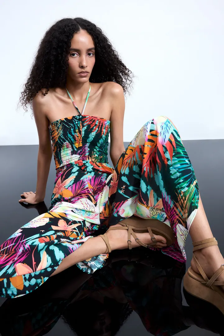 Desigual, Mono estampado tropical, Mujer, Viscosa, Negro, L