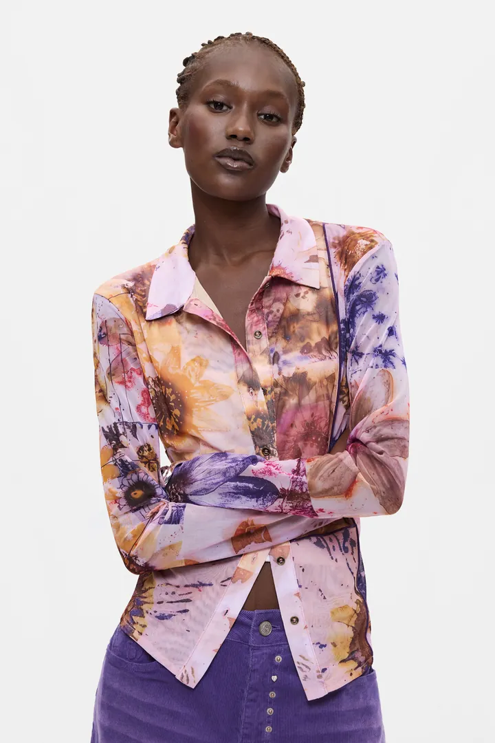 Desigual, Camisa Estampada Manga Larga, Mujer, Poliester, Rojo, L