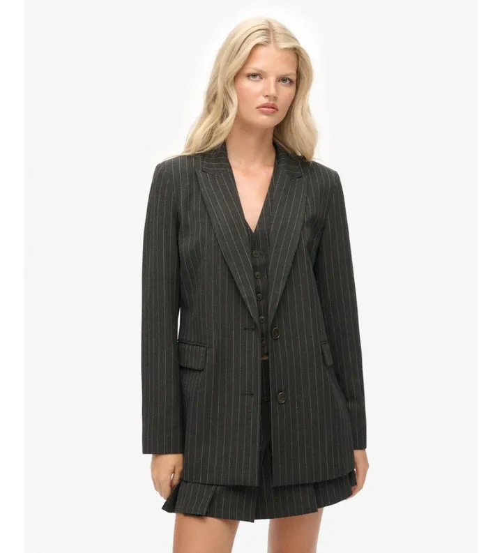 Superdry para mujer. W5012032A Americana Pinstripe Boyfriend gris (L), Casual, Clásico, Poliéster