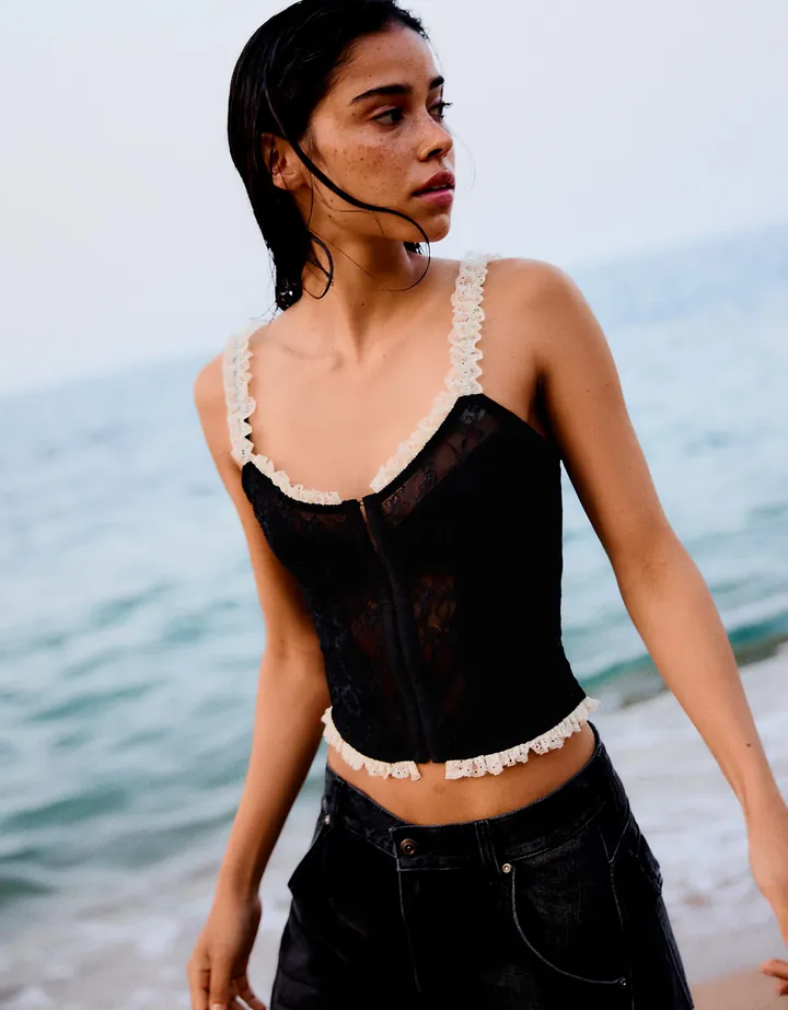 Bershka Top Corsé Encaje Mujer L Negro
