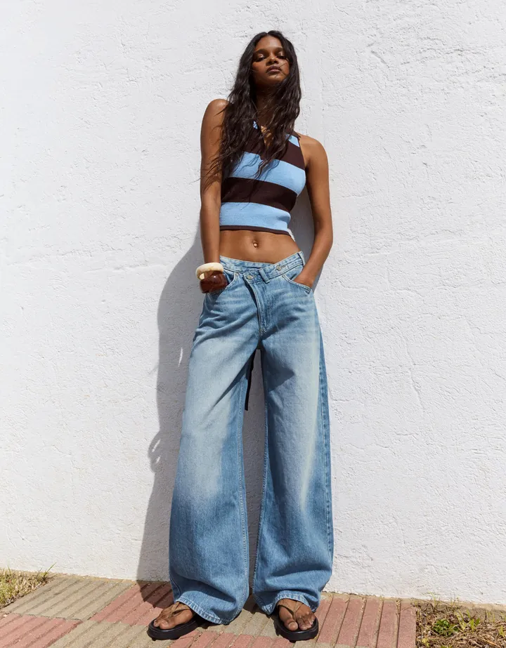 Bershka Jeans Wide Cintura Cruzada Mujer 32 Azul Lavado