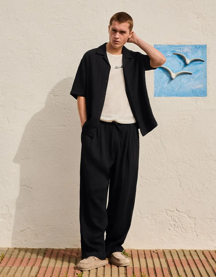 Bershka Pantalón Baggy Rústico Hombre L Negro
