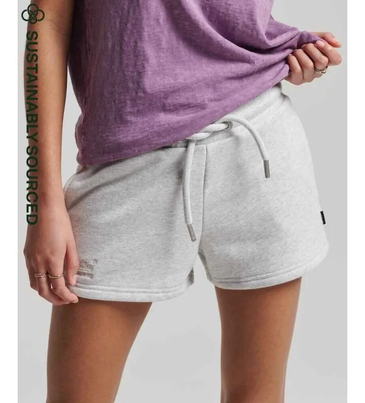 Superdry para mujer. W7110286A Short de punto de algodón orgánico con logotipo Vintage Logo gris (L), Casual, Deportivo, Sostenible