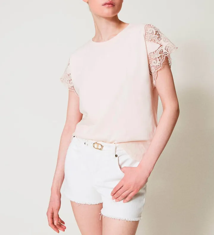 Twinset para mujer. 251TP2290 Camiseta estándar con encaje beige (L), Casual, Algodón, Manga corta