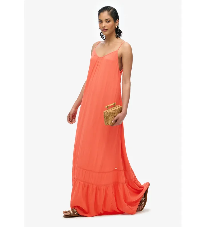 Superdry para mujer. W8011955A Vestido largo de tirantes naranja (L), Casual, Fiesta, Viscosa, Sin mangas / Tirantes