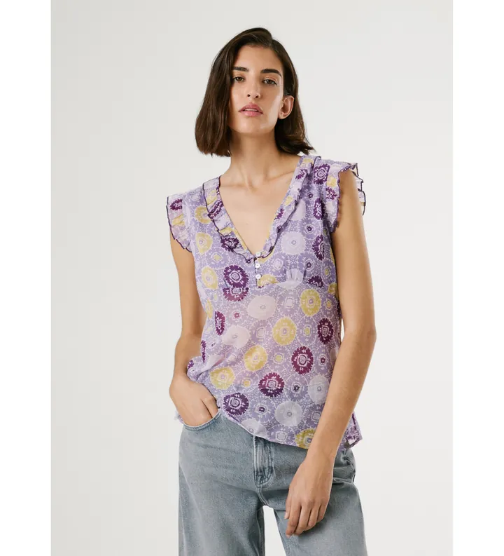 Pepe Jeans para mujer. PL305128 Camisa Letty lila (L), Casual, Algodón, Clásico, Sin mangas / Tirantes