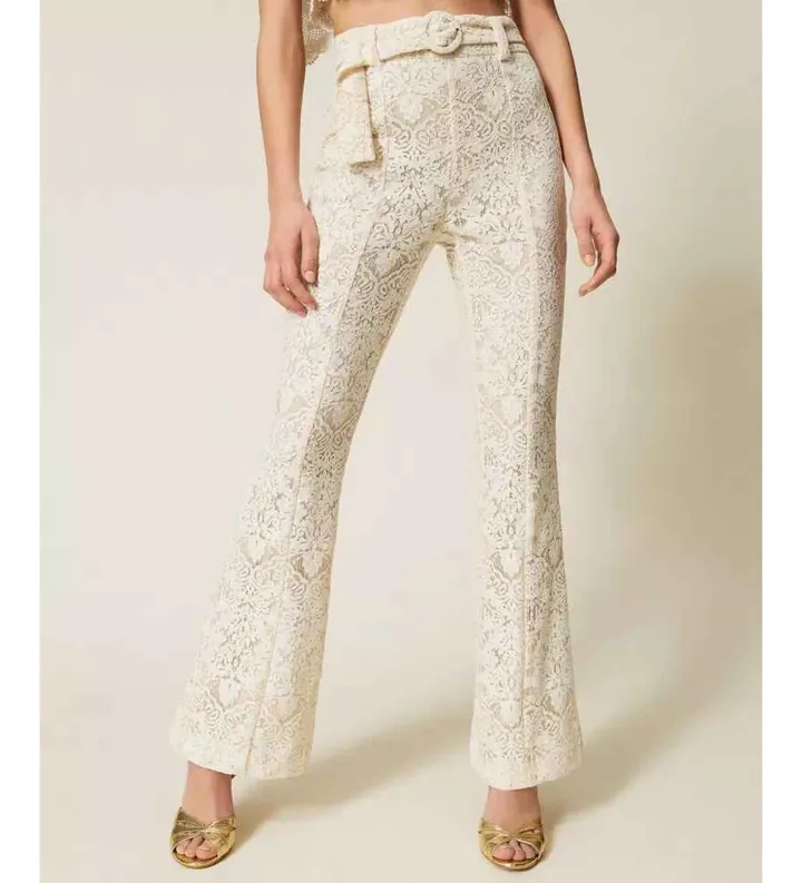 Twinset para mujer. 261TT2314 Pantalón evasé de encaje con cinturón beige (40), Casual, Algodón