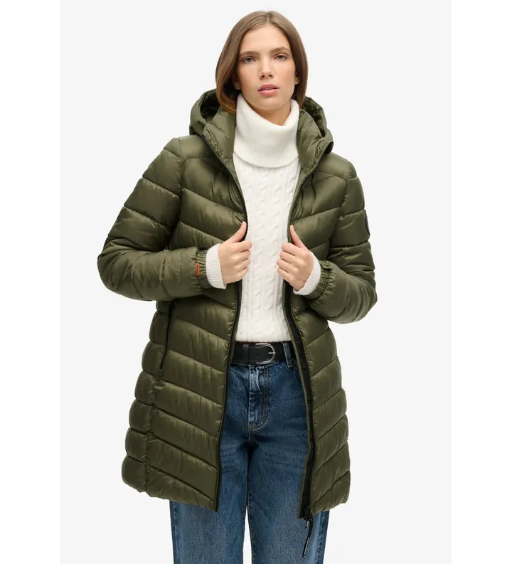 Superdry para mujer. W5011719A Abrigo acolchado medio con capucha Fuji verde (M), Casual, Poliéster