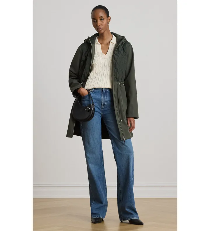 Lauren Ralph Lauren para mujer. 297P18056002 Abrigo acolchado de mujer de rombos con capucha verde (L), Casual, Poliéster Reciclado