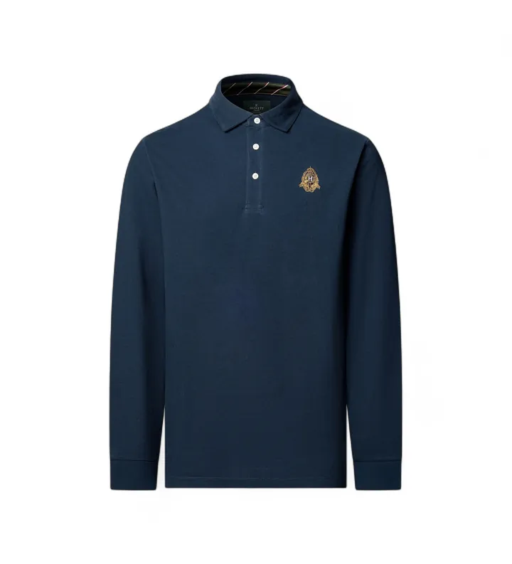 Hackett London para hombre. HM5500043 Polo de manga larga Crest marino (L), Casual, Algodón, Clásico