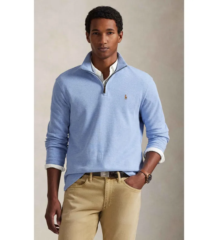 Polo Ralph Lauren para hombre. 710P07411001 Jersey Estate-Rib con cremallera corta azul (S), Casual, Algodón, Clásico