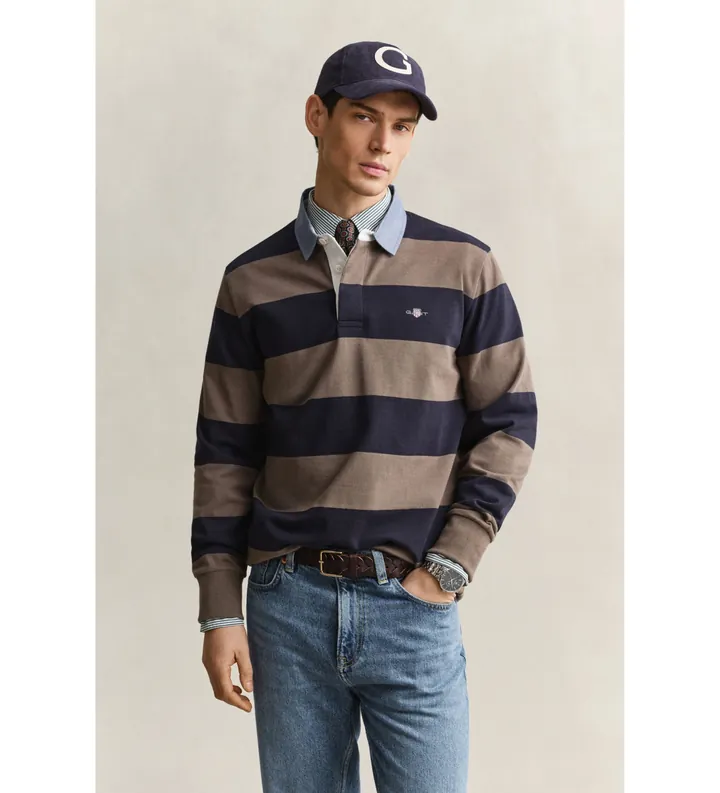 Gant para hombre. 2004083 Polo Heavy a rayas con cuello de cambray taupe (L), Casual, Algodón, Manga larga