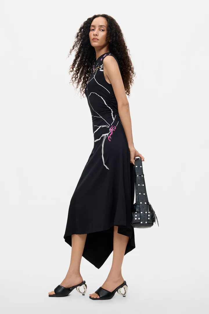 Desigual, Vestido Asimétrico Floral, Mujer, Algodon, Negro, L