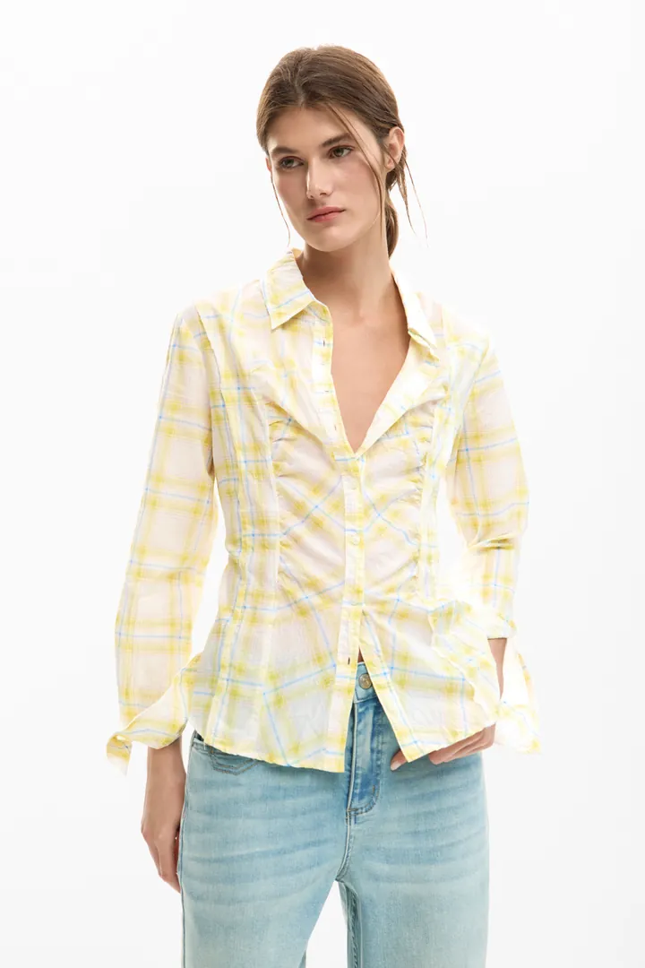 Desigual, Camisa cuadros, Mujer, Algodon, Amarillo, L