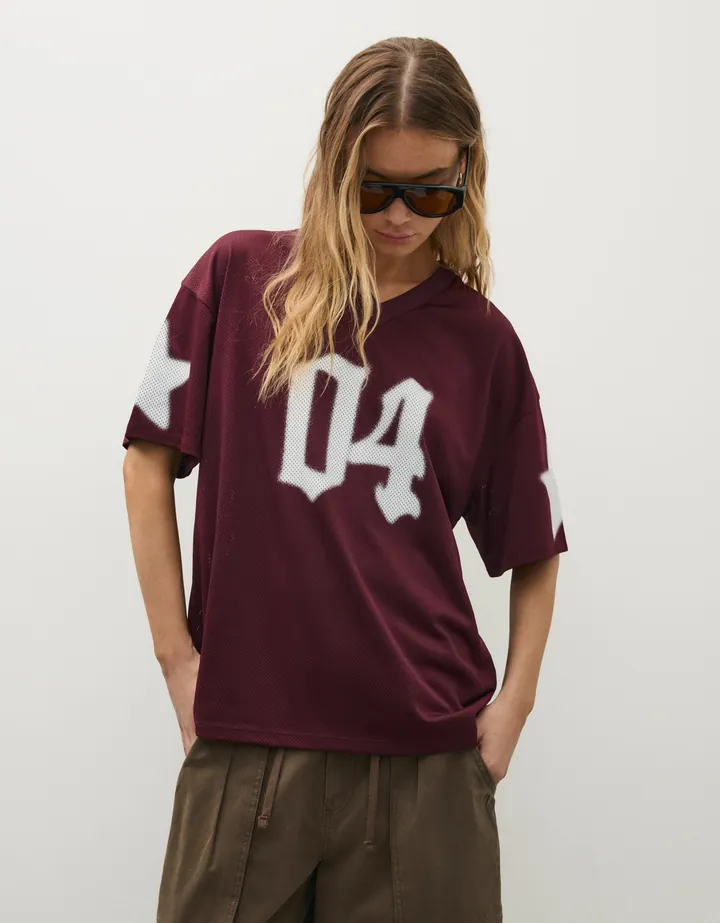 Bershka Camiseta Oversize Print Mujer M-L Burdeos