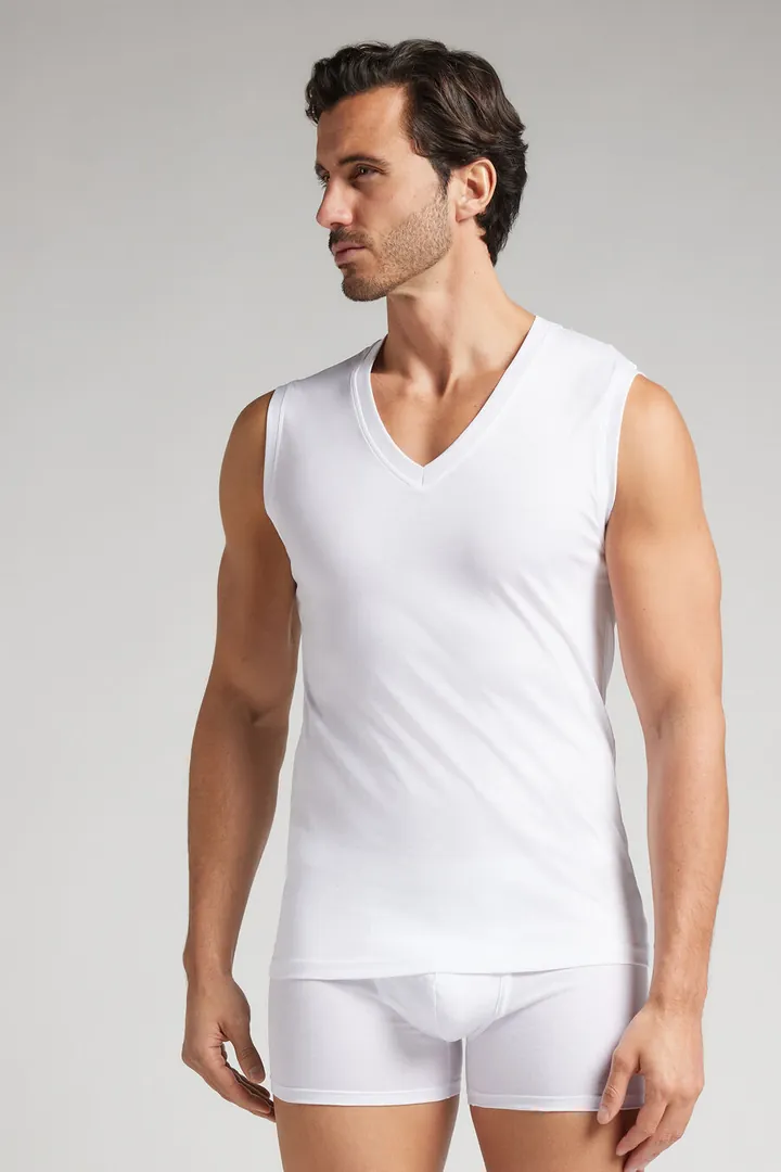 Intimissimi Camiseta de Tirantes con Cuello de Pico de Algodón Mercerizado filo Premium Hombre Blanco Tamaño L