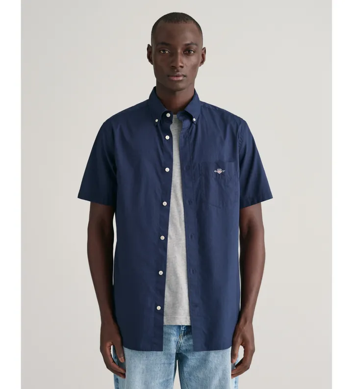 Gant para hombre. 3000101 Camisa Regular Fit de manga corta en popelina marino (L), Casual, Algodón, Manga larga