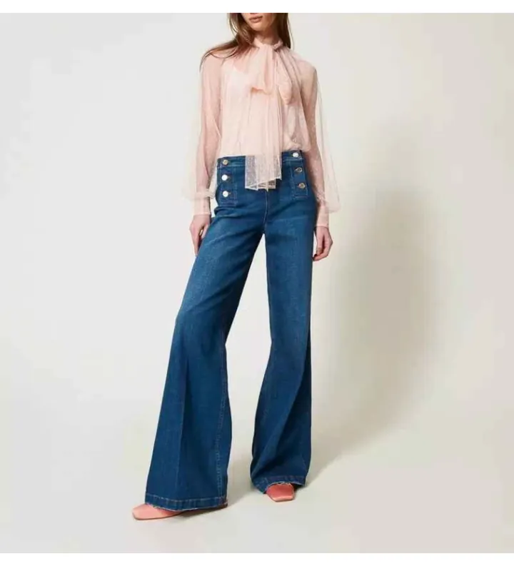 Twinset para mujer. 251TP2574 Vaqueros acampanados con botones decorativos azul (29), Casual, Algodón, Denim