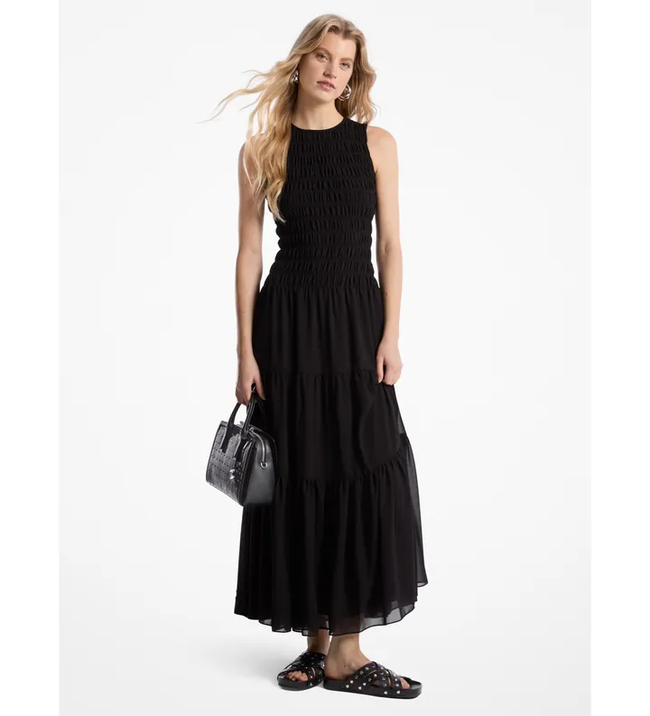 Michael Kors para mujer. MS582VF7R3 Vestido de tirantes de georgette fruncido negro (S), Casual, Poliéster, Sin mangas / Tirantes