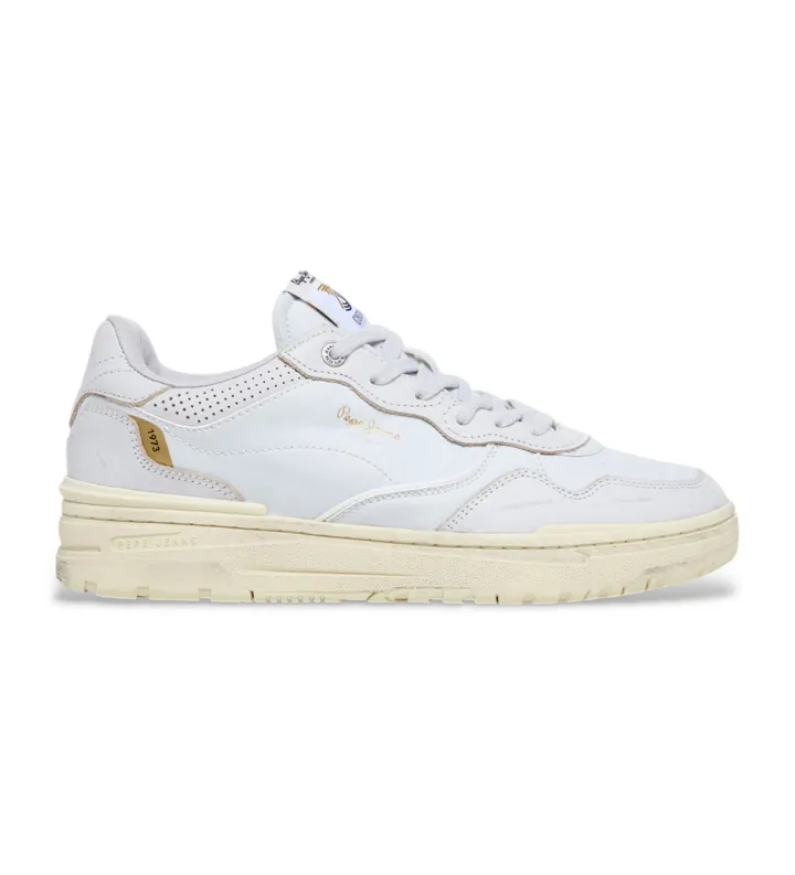 Pepe Jeans para hombre. PMS00038 Zapatillas de piel Chester Distress blanco (40), Plano, Cordones, Casual