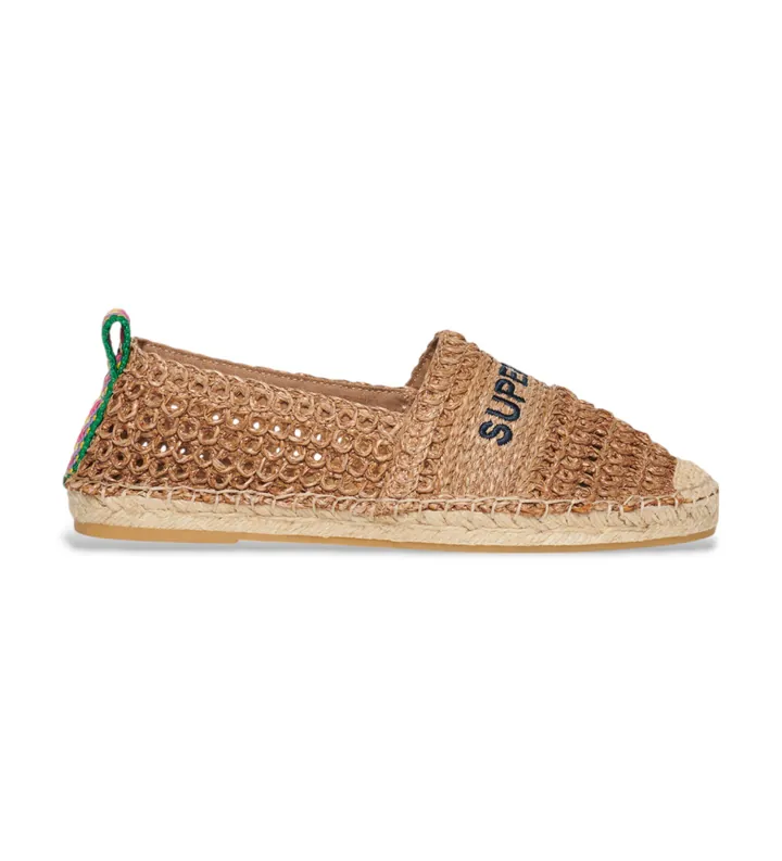 Superdry para mujer. WF110303A Alpargatas bordadas de rafia marrón (37), Tela, Plano, Ninguno, Casual