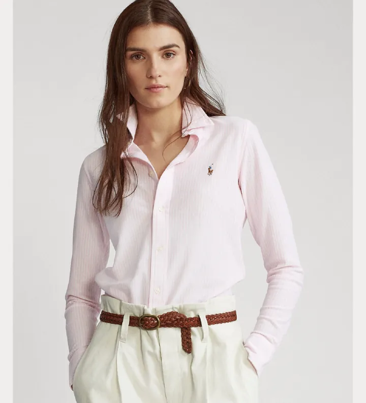 Polo Ralph Lauren para mujer. 211664416001 Camisa Oxford de punto con rayas rosa (M), Casual, Algodón, Manga larga