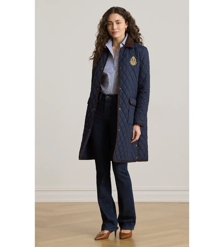 Lauren Ralph Lauren para mujer. 297P18059004 Chaqueta con ribete de pana y escudo marino (L), Casual, Poliéster Reciclado