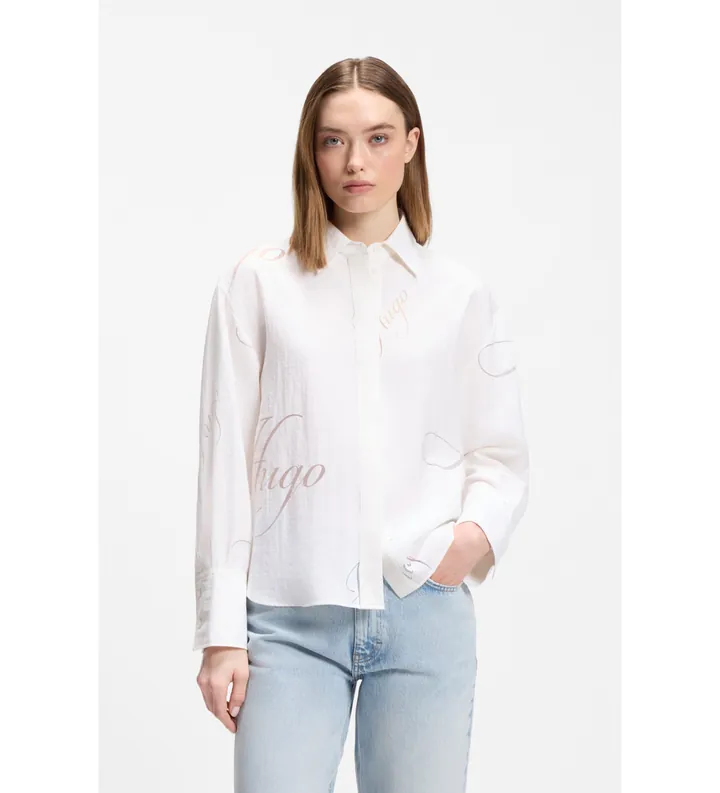 HUGO para mujer. 50562585 Blusa Echinacea estampado blanco (34), Casual, Viscosa, Manga larga