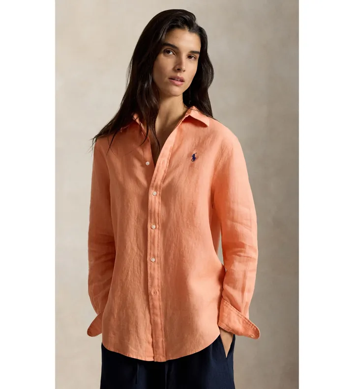 Polo Ralph Lauren para mujer. 211970730521 Camisa de lino Classic Fit naranja (L), Casual, Manga larga, Coral
