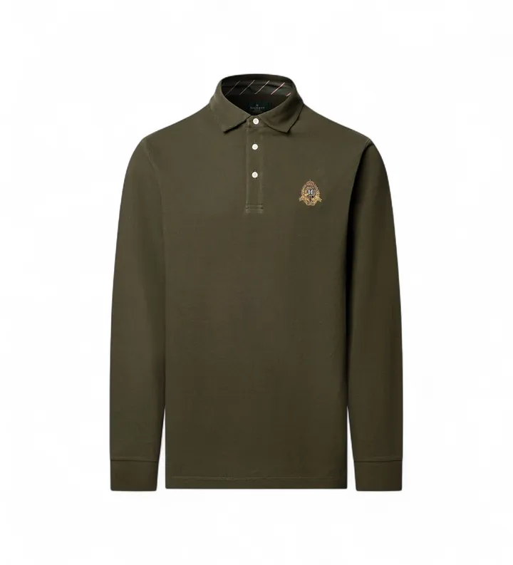Hackett London para hombre. HM5500043 Polo Crest de manga larga verde (L), Casual, Algodón, Clásico