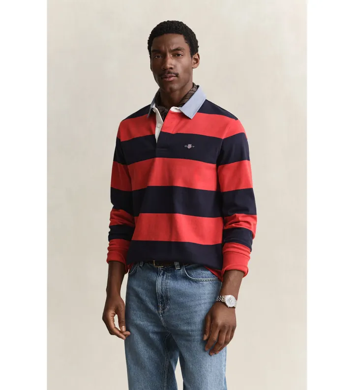 Gant para hombre. 2004083 Polo Heavy a rayas con cuello de cambray rojo (L), Casual, Algodón, Manga larga