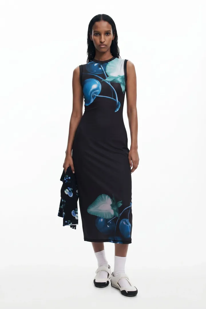 Desigual, Vestido ajustado cerezas, Negro, M