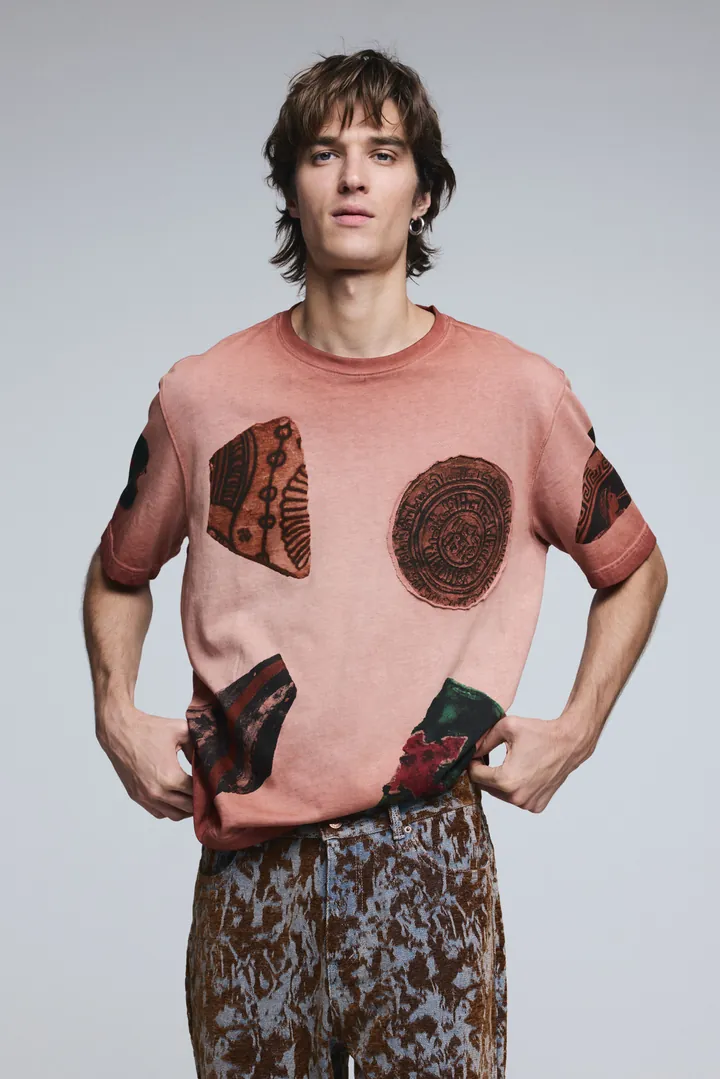 Desigual, Camiseta manga corta retales, Hombre, Algodon, Naranja, L