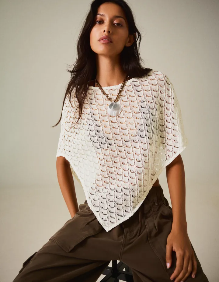Bershka Capa Asimétrica Crochet Mujer Crudo