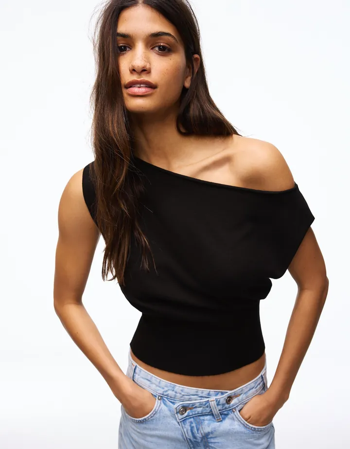 Bershka Top Cuello Barco Punto Mujer L Negro