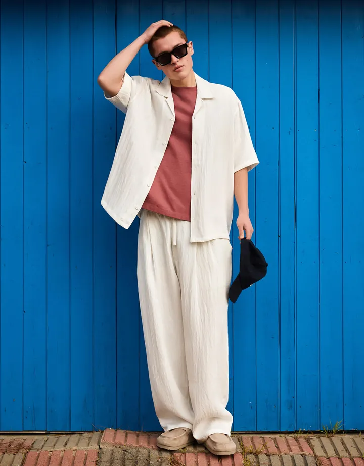 Bershka Pantalón Baggy Rústico Hombre L Blanco