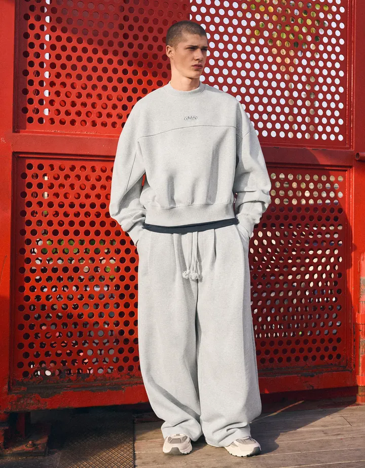Bershka Pantalón Super Baggy Pliegues Hombre L Gris